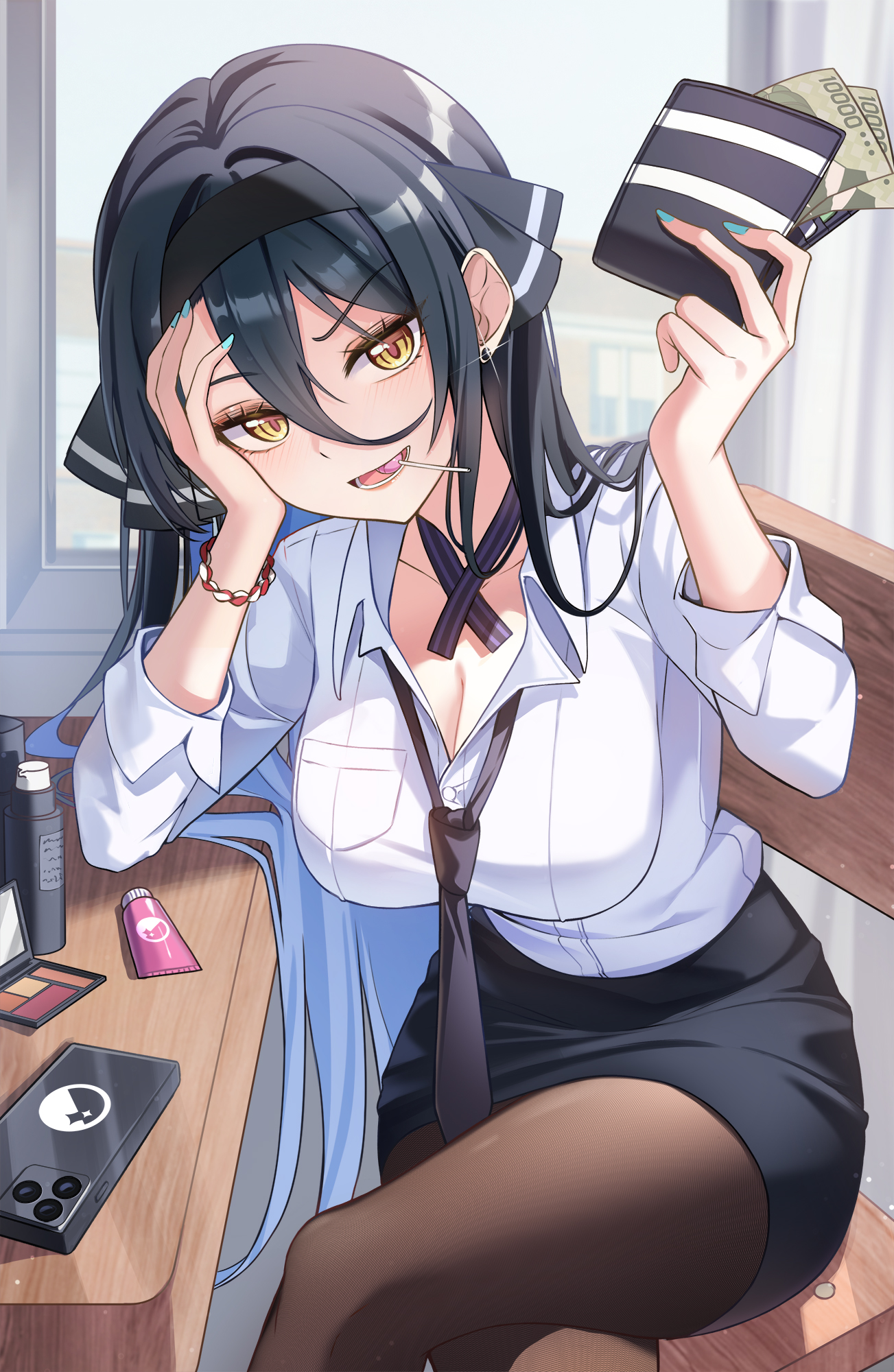 yt9676, gangzi (vtuber), stellive, commentary request, highres, korean commentary, 1girl, aqua nails, black hair, black hairband, black necktie, black ribbon, black skirt, breasts, brown pantyhose, cellphone, chair, cleavage, colored inner hair, cosmetics, crossed arms, desk, feet out of frame, fingernails, hair between eyes, hair ribbon, hairband, hand on own face, hands up, holding, holding wallet, large breasts, lollipop in mouth, long bangs, long hair, long sleeves, looking at viewer, loose necktie, makeup palette, miniskirt, multicolored hair, nail polish, necktie, on chair, open mouth, pantyhose, pencil skirt, phone, ribbon, shirt, sitting, skirt, smartphone, smile, solo, squeeze bottle, virtual youtuber, wallet, white shirt, yellow eyes