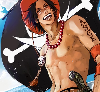 lily (artist), portgas d. ace, one piece, lowres, 1boy, abs, beads, belt, black hair, blue sky, character name, cloud, freckles, happy, hat, jewelry, jolly roger, knife, male focus, muscular, necklace, nipples, ocean, outdoors, pirate, sheathed knife, skull, sky, smile, solo, stampede string, tattoo, topless male, weapon