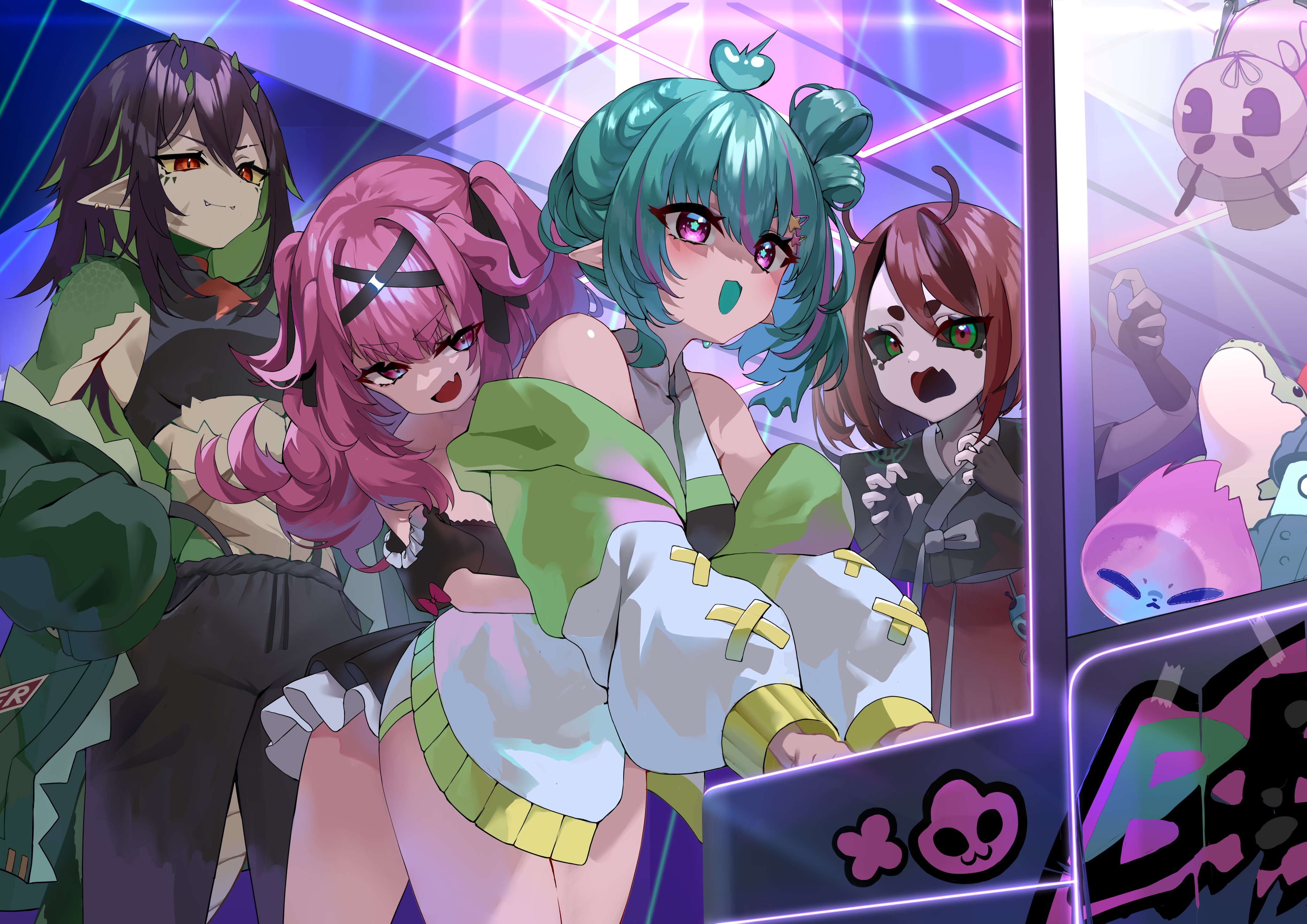 trap (drthumt), kairyu crocodile, piapi ufo, tori oriane, indie virtual youtuber, absurdres, highres, official art, 4girls, antennae, arcade cabinet, beri (beribug), black gloves, black pants, black shirt, blue hair, closed mouth, colored sclera, colored skin, crocodile girl, crocodilian tail, elbow gloves, fang, fingerless gloves, gloves, green hair, green jacket, green scales, green streaks, hair ornament, hug, hug from behind, jacket, long hair, looking at viewer, multicolored hair, multiple girls, pants, pink hair, pink streaks, pointy ears, purple eyes, red hair, red streaks, shirt, skin fang, sleeveless, sleeveless shirt, smile, streaked hair, tail, virtual youtuber, white jacket, x hair ornament, yellow sclera