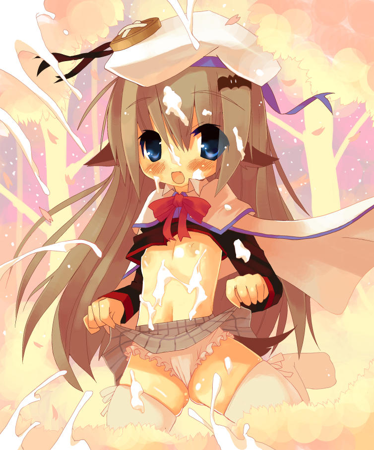 animal ears, blush, cameltoe, clothes lift, cum, flat chest, loli, panties, skirt, skirt lift, smile, underwear