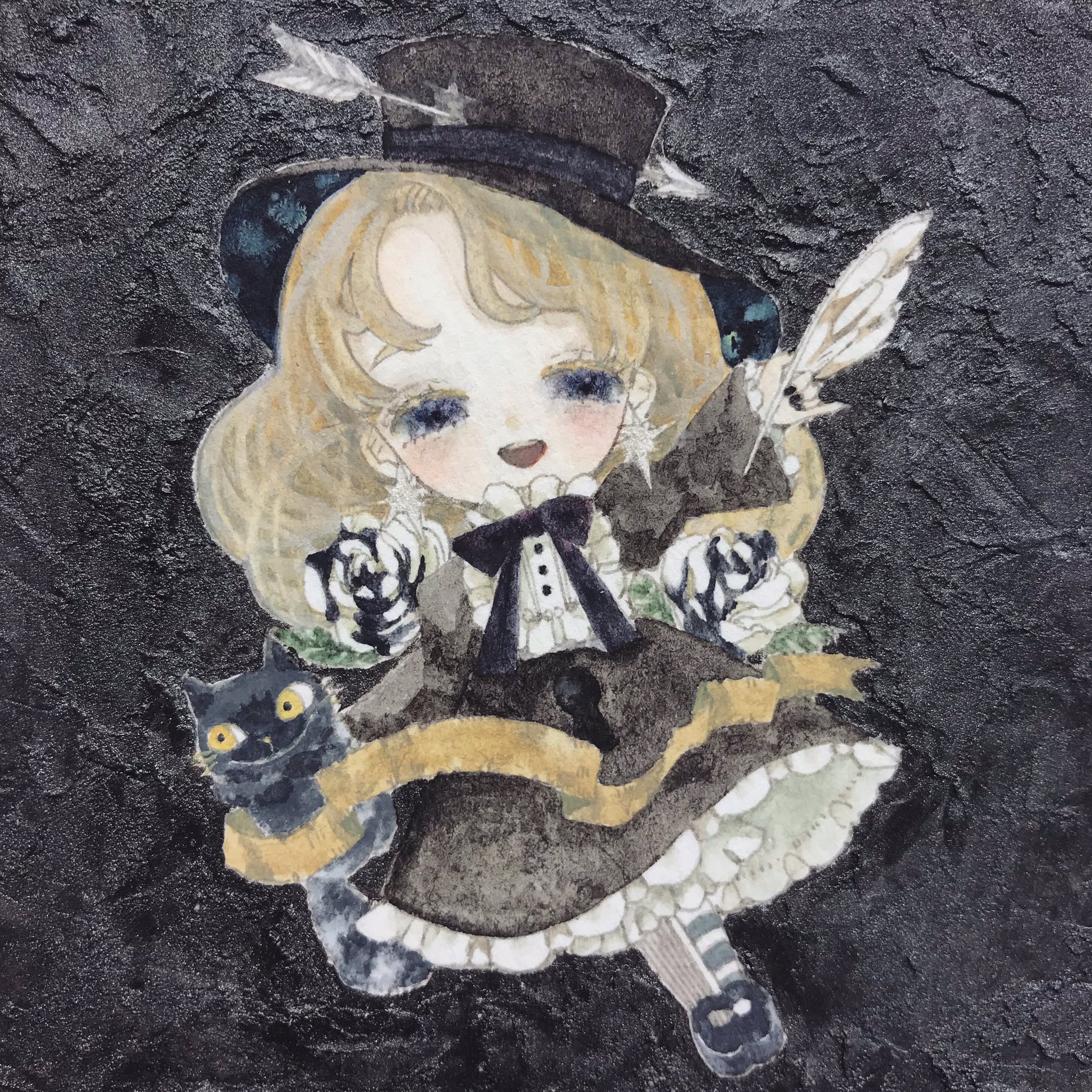 karintoun, original, acrylic paint (medium), highres, painting (medium), traditional media, watercolor (medium), 1girl, arrow (projectile), black background, black cat, black dress, blonde hair, blue eyes, blunt bangs, blush, bow, cat, chibi, darkness, dress, feathers, flower, frilled dress, frills, full body, happy, hat, holding, holding feather, long hair, long sleeves, looking at viewer, open mouth, ribbon, rose, smile, solo, standing, straight-on, striped clothes, striped sleeves, striped thighhighs, stuffed animal, stuffed toy, thighhighs, victorian, wavy hair, yellow bow