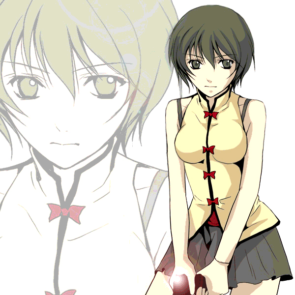 dcvermeer, ein (phantom of inferno), phantom of inferno, bad id, bad pixiv id, 1girl, black eyes, black hair, breasts, female focus, gun, handgun, pistol, short hair, skirt, solo, weapon, white background, zoom layer