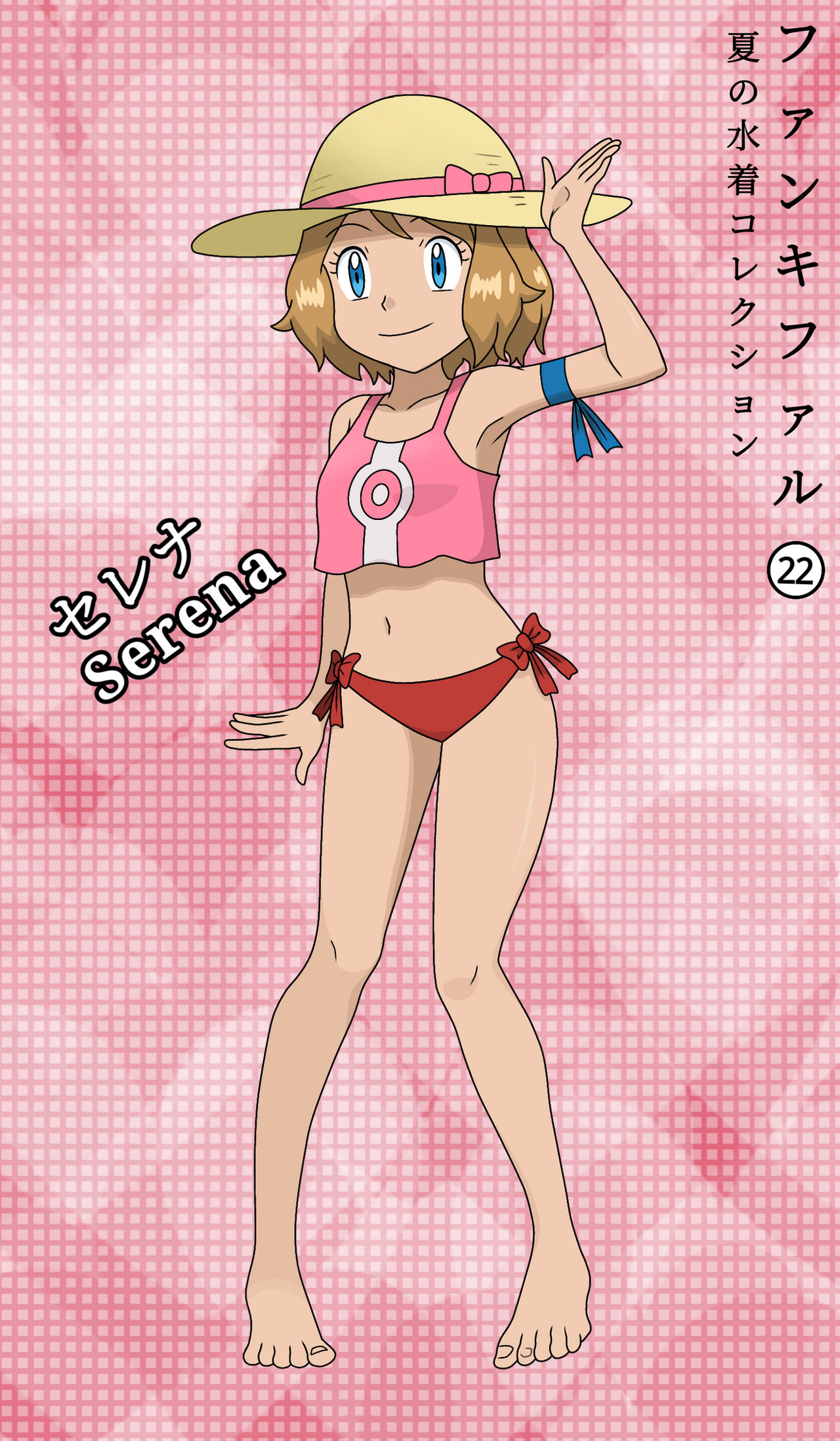 fankifalu, serena (pokemon), nintendo, pokemon, pokemon (anime), pokemon xy, absurdres, highres, 1girl, arm at side, arm ribbon, armband, armpits, barefoot, bikini, blonde hair, blue eyes, bow, bow bikini, breasts, character name, collarbone, eyelashes, feet, female focus, full body, happy, hat, hat ribbon, heart, heart background, japanese text, knees, legs, looking at viewer, medium hair, midriff, multicolored bikini, navel, neck, official alternate hair length, official alternate hairstyle, open hand, pigeon-toed, pink bikini, poke ball symbol, red bikini, ribbon, salute, sidelocks, small breasts, smile, spread toes, standing, stomach, sun hat, swimsuit, thighs, toenails, toes, two-tone bikini, wavy hair