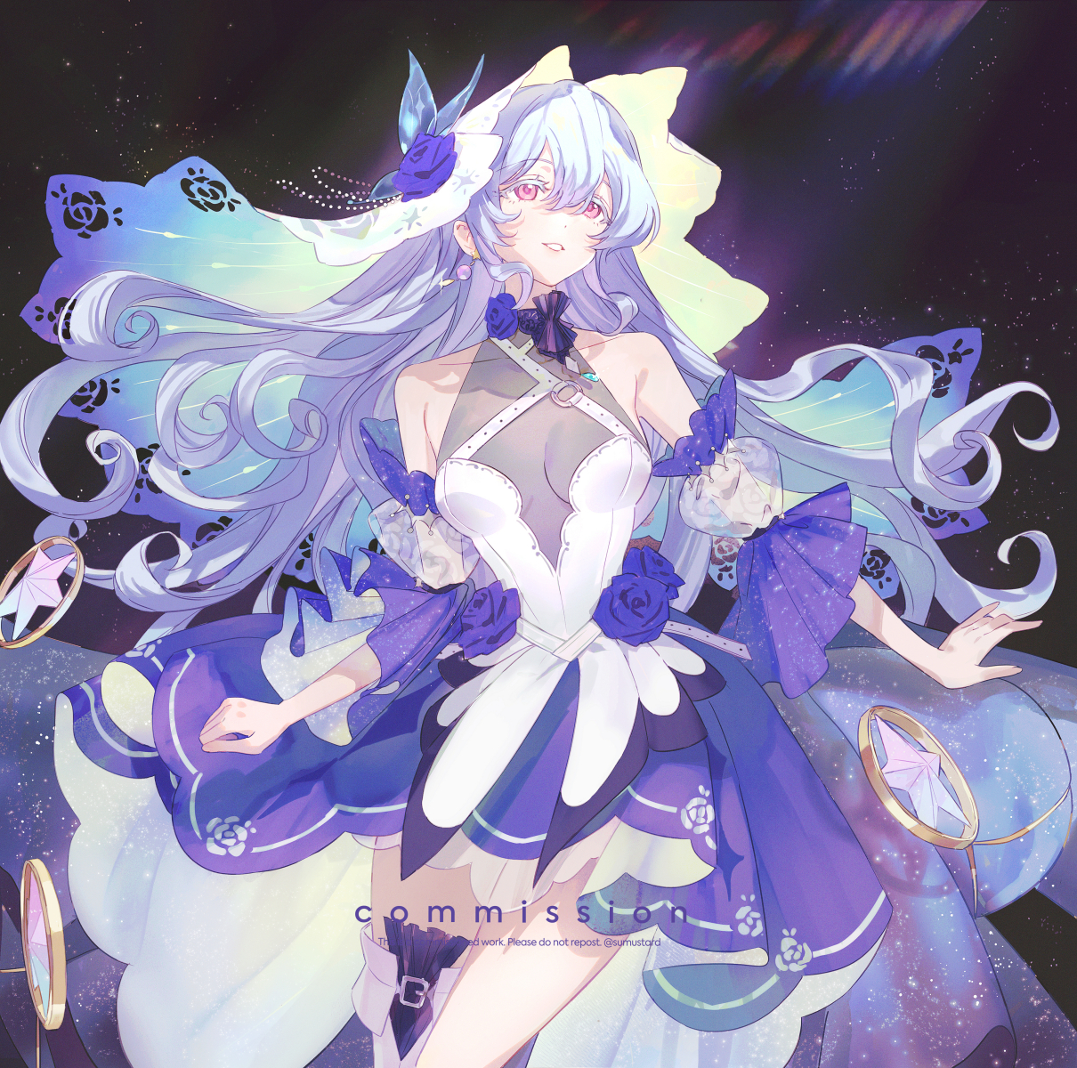 sumustard, original, commentary, commission, highres, 1girl, aqua veil, bare shoulders, black dress, blue flower, blue rose, breasts, cowboy shot, detached sleeves, dot nose, dress, flower, gradient veil, hair between eyes, hair spread out, large breasts, long hair, looking up, multicolored dress, multicolored vest, pink eyes, purple dress, purple flower, purple hair, purple rose, purple sleeves, rose, see-through cleavage, see-through clothes, see-through sleeves, short sleeves, smile, solo, star (sky), twitter username, two-tone sleeves, veil, white dress, white sleeves, white veil
