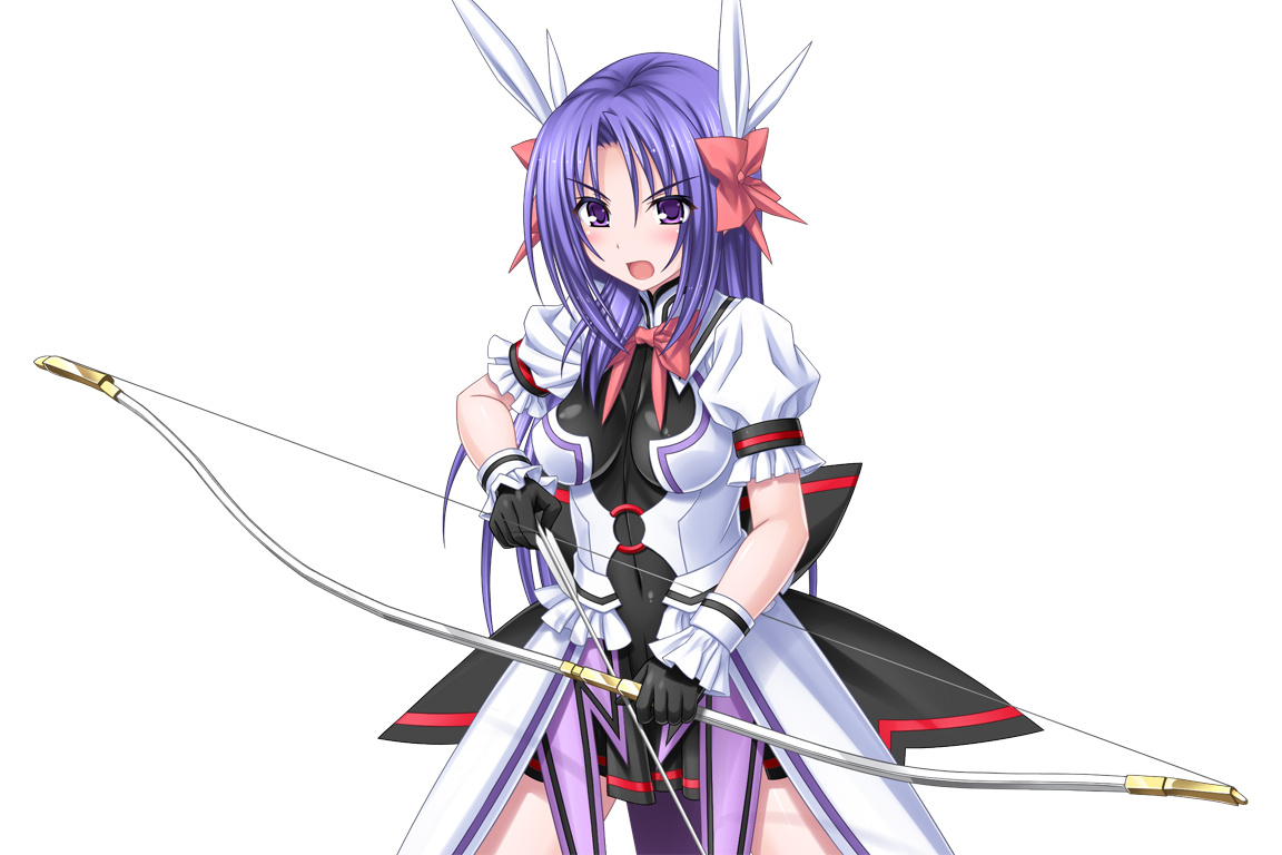 higuchi isami, murakami shizuru, mahou shoujo sae, game cg, large variant set, non-web source, official art, variant set, 1girl, arrow (projectile), black gloves, blush, bow, bow (weapon), breasts, gloves, hair bow, hair ribbon, holding, holding weapon, long hair, magical girl, medium breasts, open mouth, puffy sleeves, purple eyes, purple hair, ribbon, short sleeves, solo, transparent background, weapon