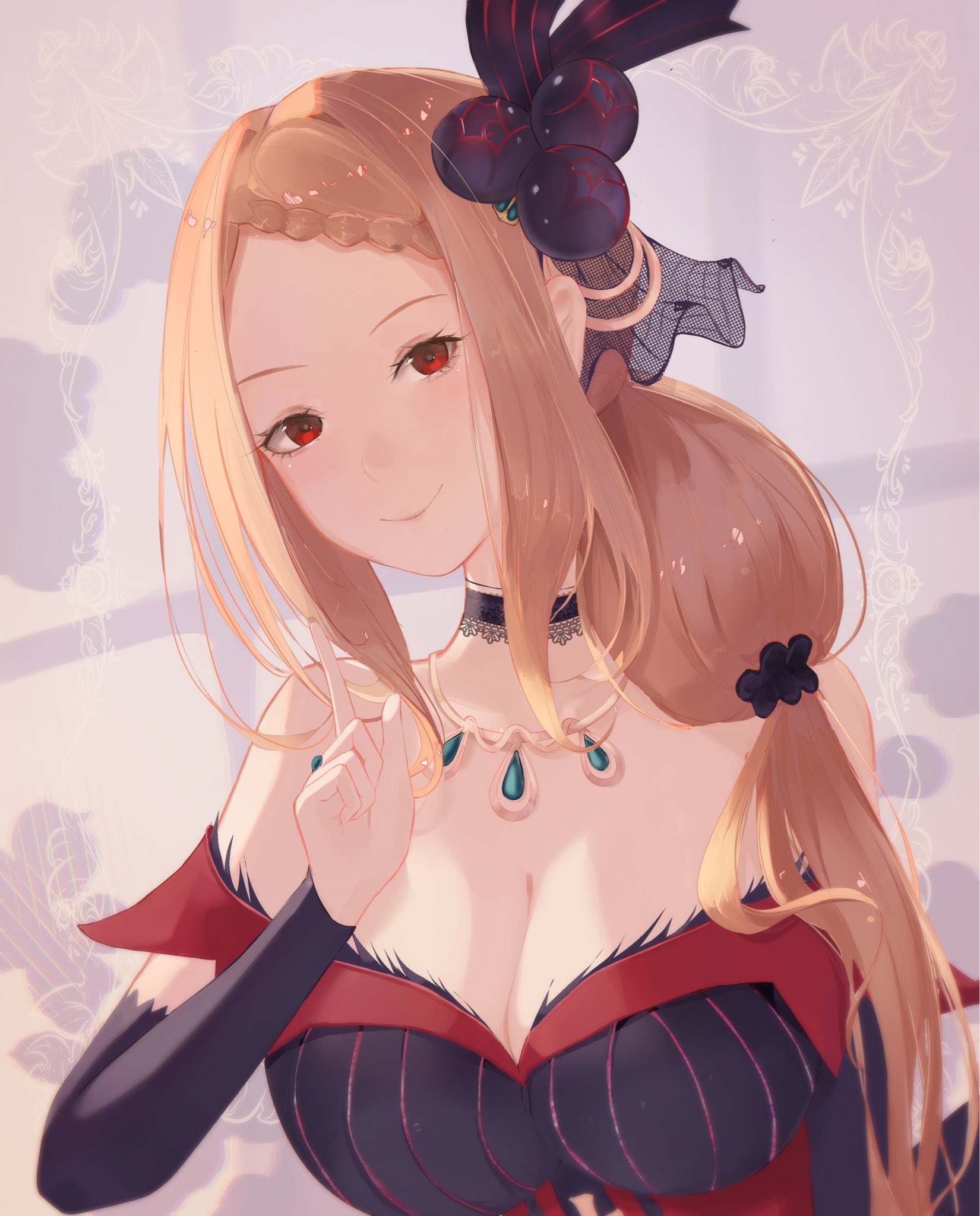 priscilla barielle, re:zero kara hajimeru isekai seikatsu, 1girl, breasts, cleavage, dress, large breasts, long hair, misoudesu, orange hair, red dress, red eyes, solo