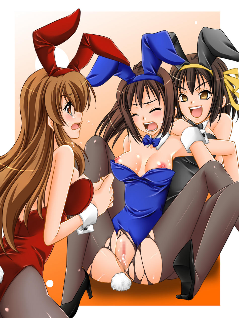 asahina mikuru, kyonko, suzumiya haruhi, suzumiya haruhi no yuuutsu, torn legwear, highres, 00s, 3girls, :d, animal ears, blackmail, blush, breasts, brown hair, censored, closed eyes, fake animal ears, female focus, from behind, high heels, mosaic censoring, multiple girls, nipple slip, nipples, open mouth, pantyhose, playboy bunny, pussy, pussy juice, rabbit ears, rabbit tail, smile, tail, tears, torn clothes, yuri