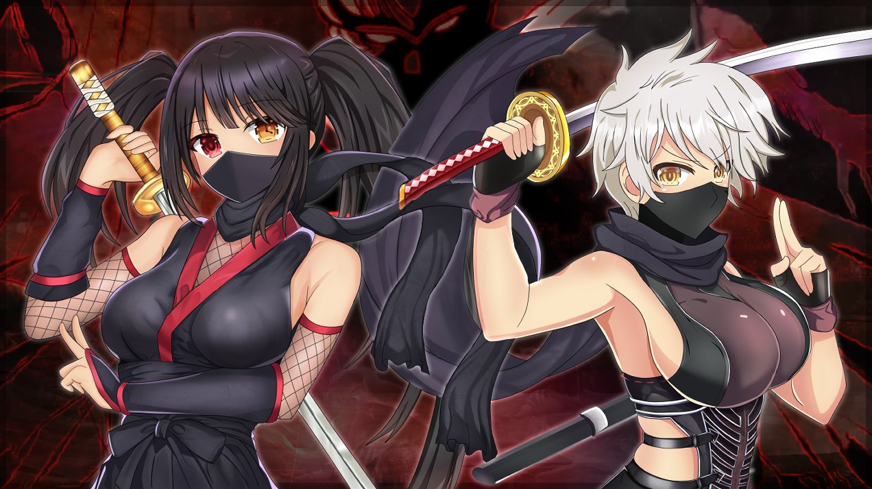 xdlloyd091x, miyabi (senran kagura), tokisaki kurumi, date a live, senran kagura, senran kagura shinovi versus, commentary, english commentary, 2girls, bare shoulders, black hair, black shawl, breasts, bridal gauntlets, cleavage, clock eyes, cosplay, crossover, fingerless gloves, fishnets, gloves, heterochromia, holding, holding sword, holding weapon, katana, kuji-in, large breasts, long hair, looking at viewer, mask, medium breasts, mouth mask, multiple girls, ninja, ninja mask, red eyes, shawl, short hair, slit pupils, sword, symbol-shaped pupils, twintails, v-shaped eyebrows, weapon, white hair, yellow eyes