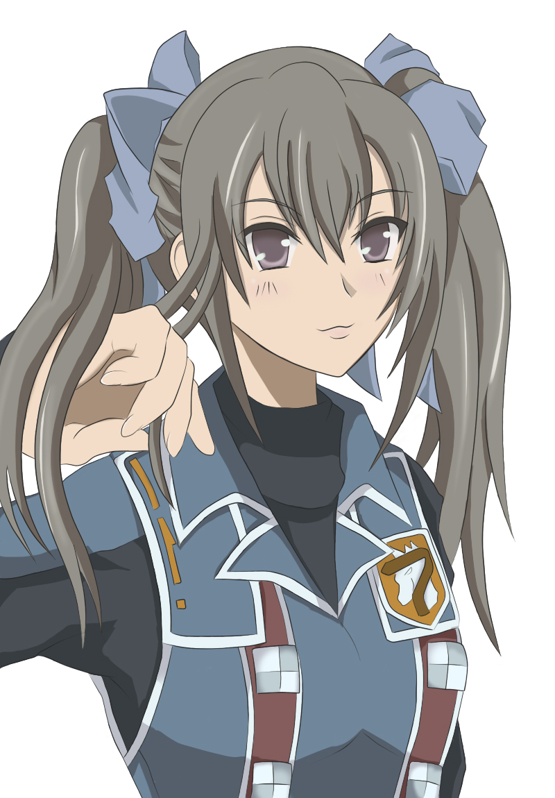 toron (pixiv240296), edy nelson, senjou no valkyria, senjou no valkyria (series), senjou no valkyria 1, 00s, 1girl, blue ribbon, female focus, grey hair, long hair, military, military uniform, ribbon, simple background, solo, twintails, upper body, white background