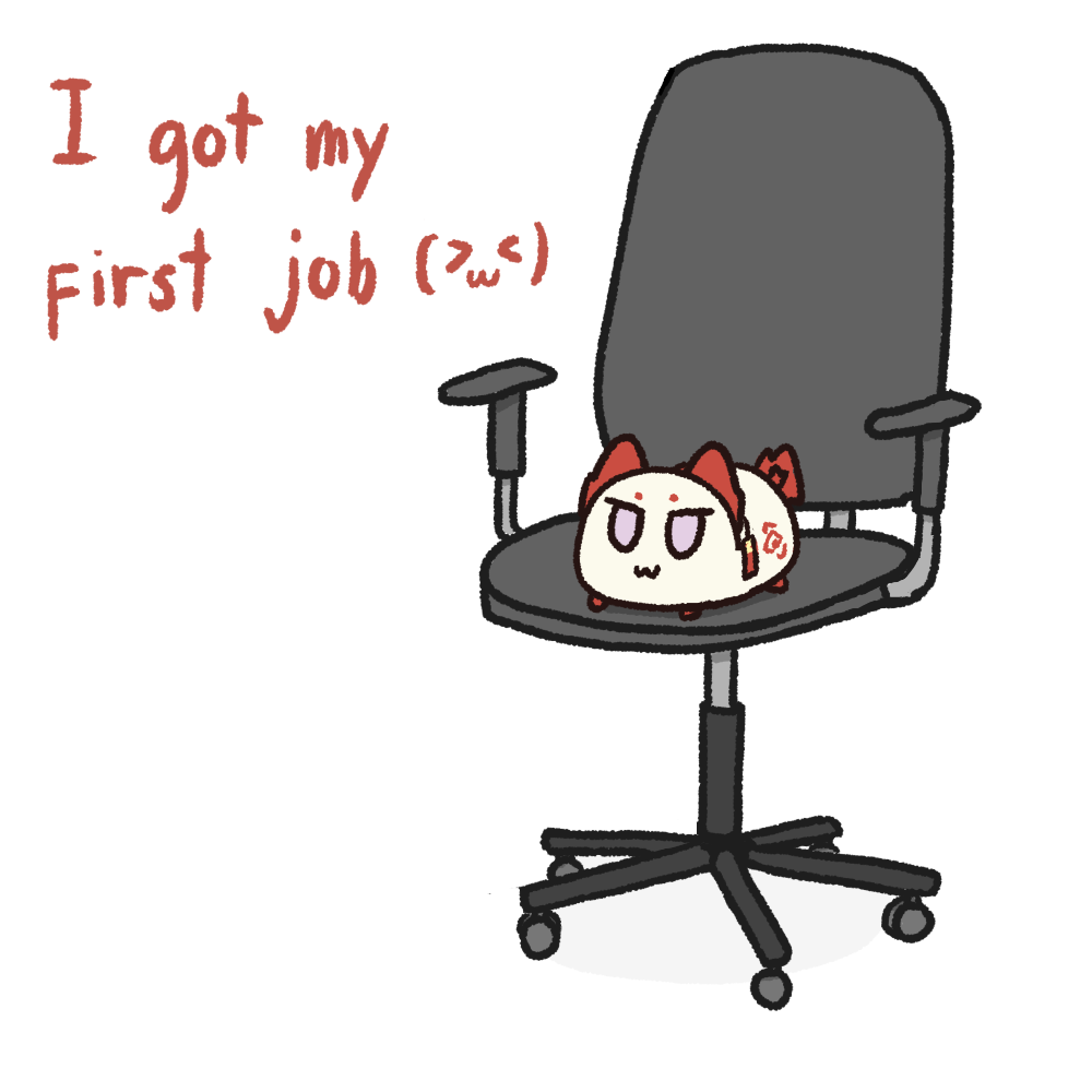 zedchan, nian (arknights), arknights, commentary, english commentary, >3<, 1girl, :3, animalization, chair, earrings, english text, jewelry, meme, no humans, office chair, purple eyes, simple background, swivel chair, tail, tassel, tassel earrings, working