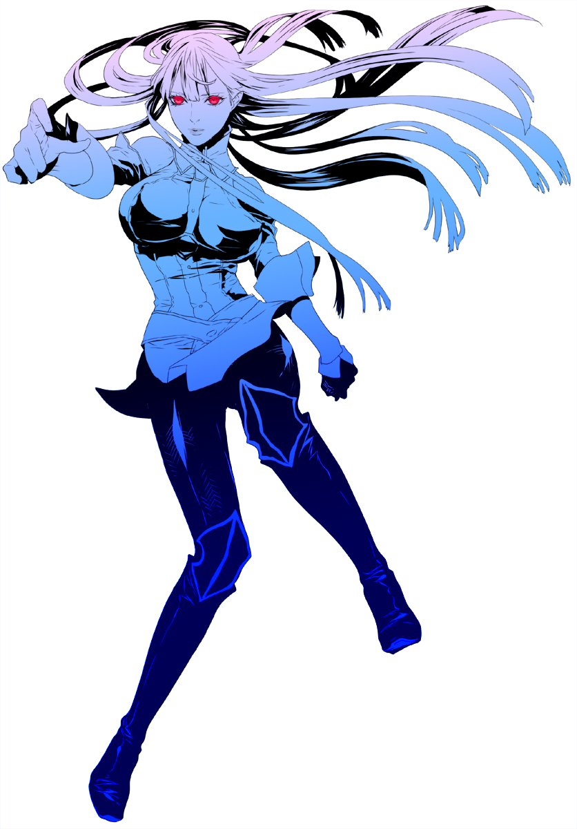 npn, selvaria bles, senjou no valkyria, senjou no valkyria (series), senjou no valkyria 1, bad id, bad pixiv id, highres, 00s, 1girl, bare shoulders, blue theme, boots, breasts, female focus, full body, gloves, knee boots, large breasts, long hair, military, military uniform, monochrome, outstretched arm, pantyhose, reaching, red eyes, simple background, sleeves rolled up, solo, spot color, very long hair, white background