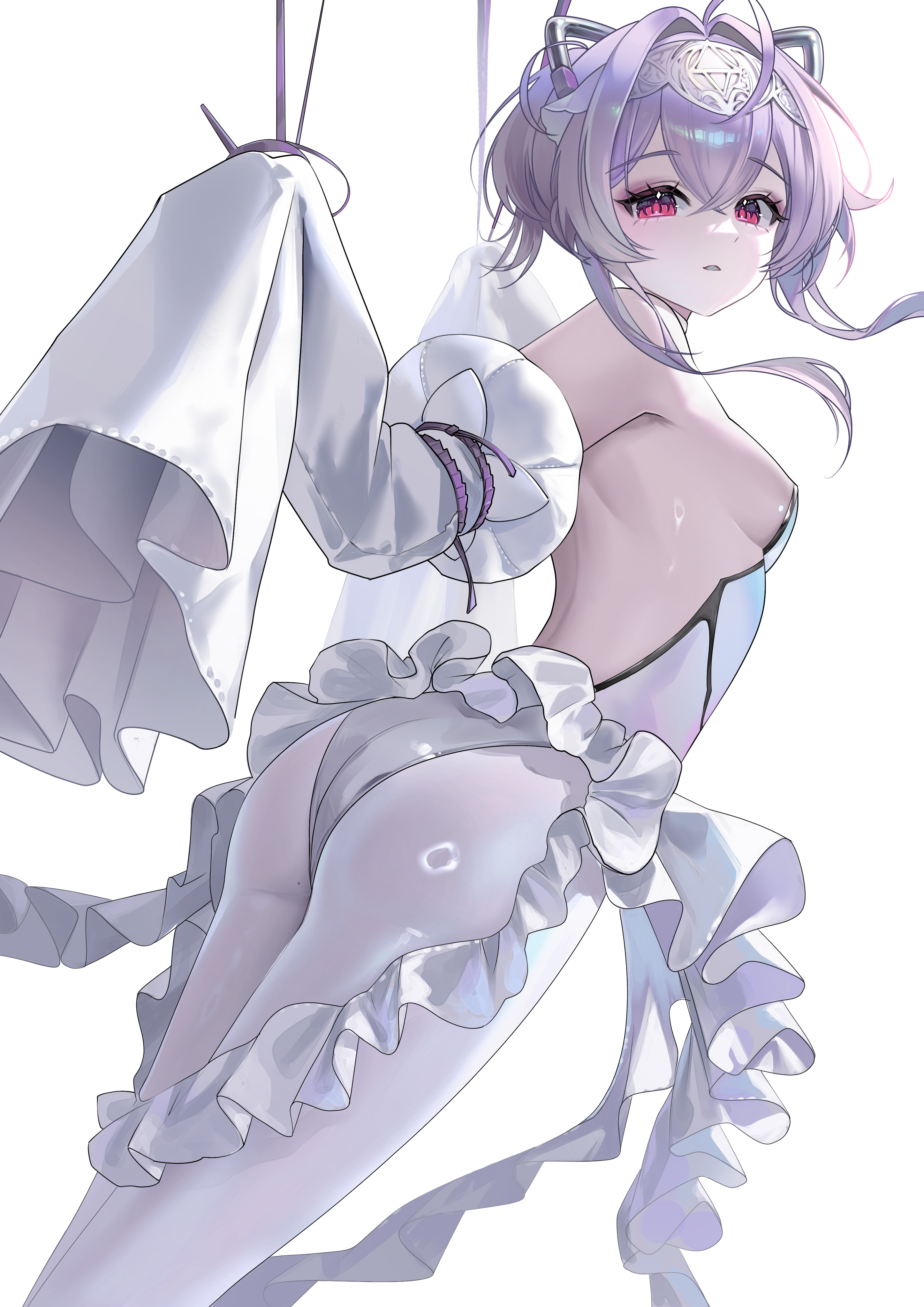 kimright0, liberalio (nikke), goddess of victory: nikke, absurdres, commentary request, highres, korean commentary, 1girl, ass, backless leotard, backless outfit, breasts, frills, hair intakes, hairband, headgear, jellyfish girl, leotard, open mouth, pantyhose, pink eyes, purple hair, short hair with long locks, sideboob, simple background, sleeves past fingers, sleeves past wrists, small breasts, solo, white background, white hairband, white leotard, white pantyhose, white sleeves