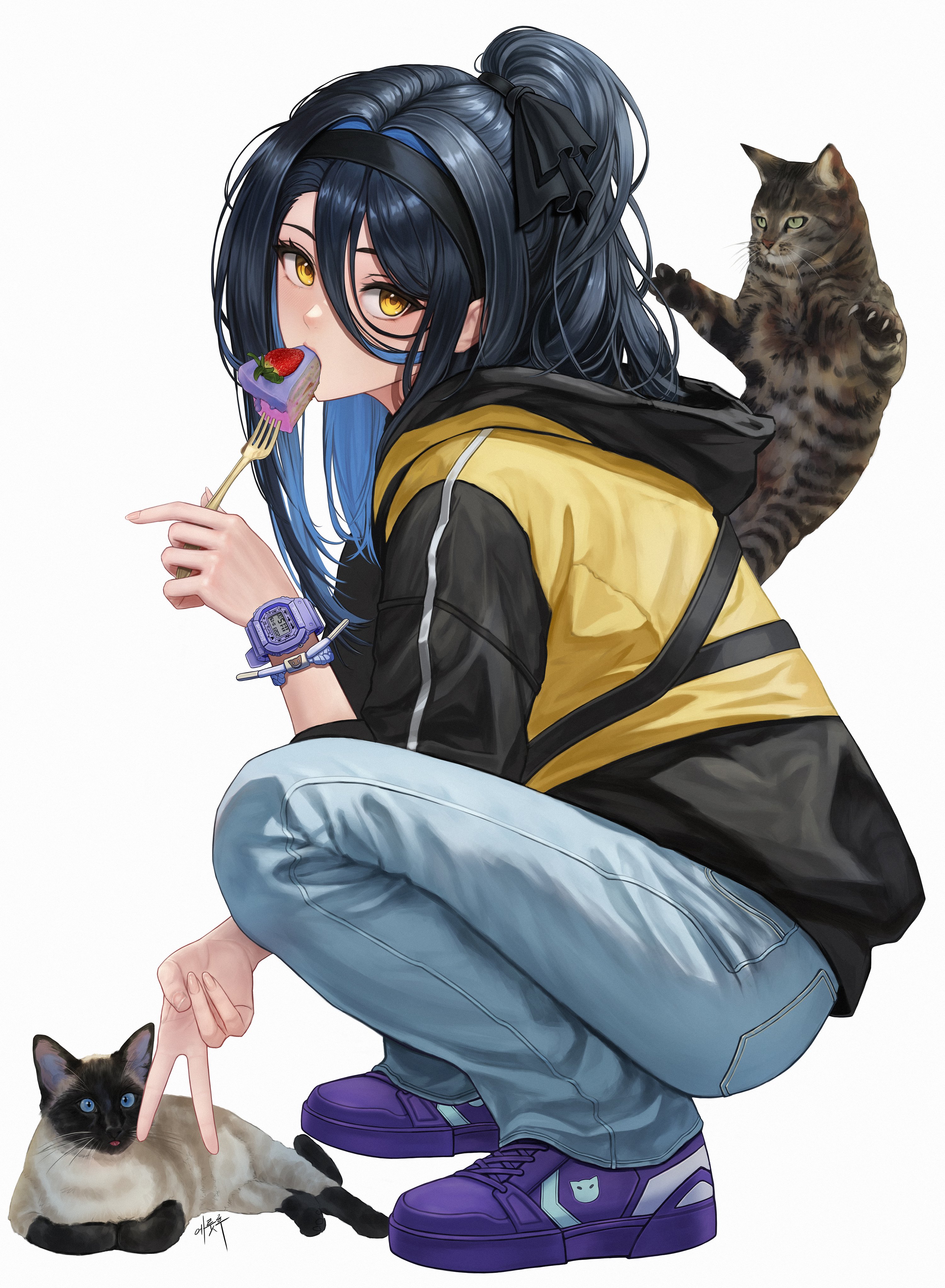 eruthu, gangzi (vtuber), stellive, absurdres, commentary request, highres, korean commentary, 1girl, animal, asymmetrical bangs, black hair, black hairband, black ribbon, cake, cake slice, cat, colored inner hair, colorpoint (pattern), denim, food, food in mouth, fork, from side, fruit, hair between eyes, hair ribbon, hairband, hand up, holding, holding fork, hood, hood down, hooded jacket, jacket, jeans, long bangs, long hair, long sleeves, looking at viewer, looking to the side, multicolored hair, multicolored jacket, pants, ponytail, purple shoes, ribbon, shoes, siamese cat, simple background, sneakers, solo, squatting, strawberry, turning head, two-tone jacket, v, virtual youtuber, watch, white background, wristwatch, yellow eyes