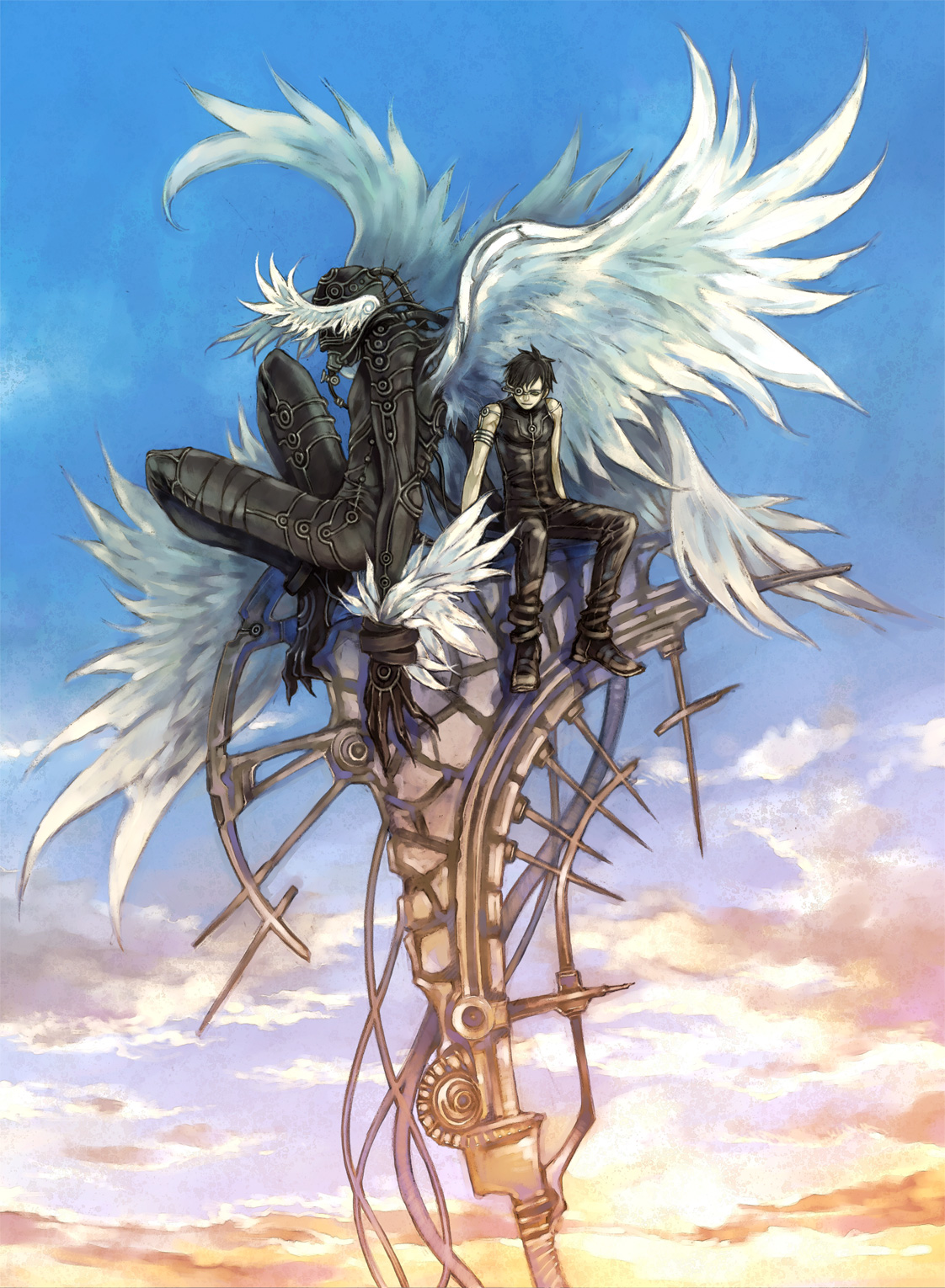 dilemma (artist), original, highres, 2boys, armor, black hair, male focus, multiple boys, outdoors, short hair, sky, solo, wings
