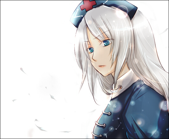 nagu kagurazaka, sui (camellia), yagokoro eirin, touhou, silver hair, 1girl, annoyed, blue eyes, bow, female focus, hair bow, lipstick, long hair, makeup, simple background, solo