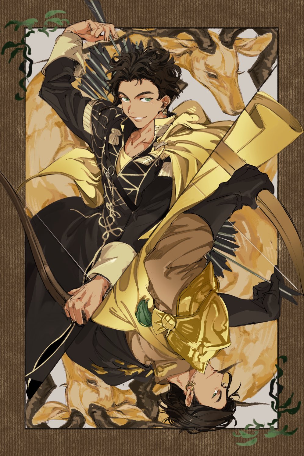 claude von riegan, claude von riegan (timeskip), fire emblem, fire emblem: three houses, nintendo, commentary request, highres, 1boy, brown hair, dark-skinned male, dark skin, garreg mach monastery uniform, gold cape, green eyes, long sleeves, male focus, short hair, side cape, uniuni nakami