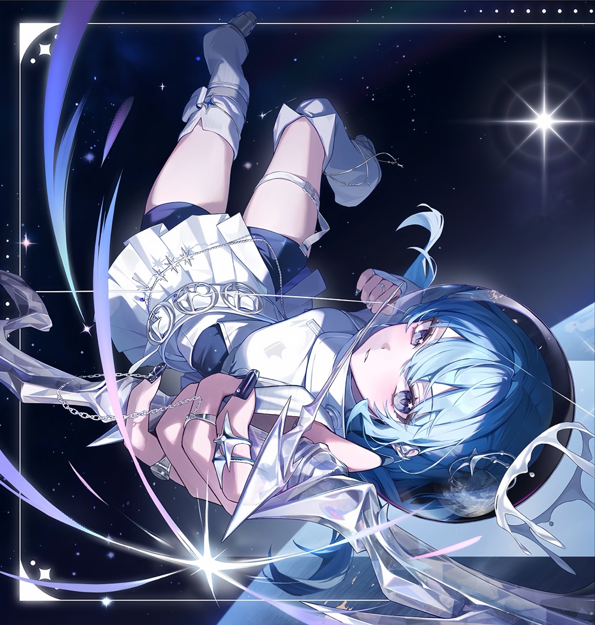 hoshimachi suisei, hololive, mayonaka heart tune, promotional art, 1girl, alternate costume, belt, blue eyes, blue hair, blush, buckle, chain, earth (planet), fingernails, helmet, leg warmers, planet, plant, pointing, pointing at viewer, sharp fingernails, shorts, skirt, space, space helmet, spacesuit, star (sky), sun