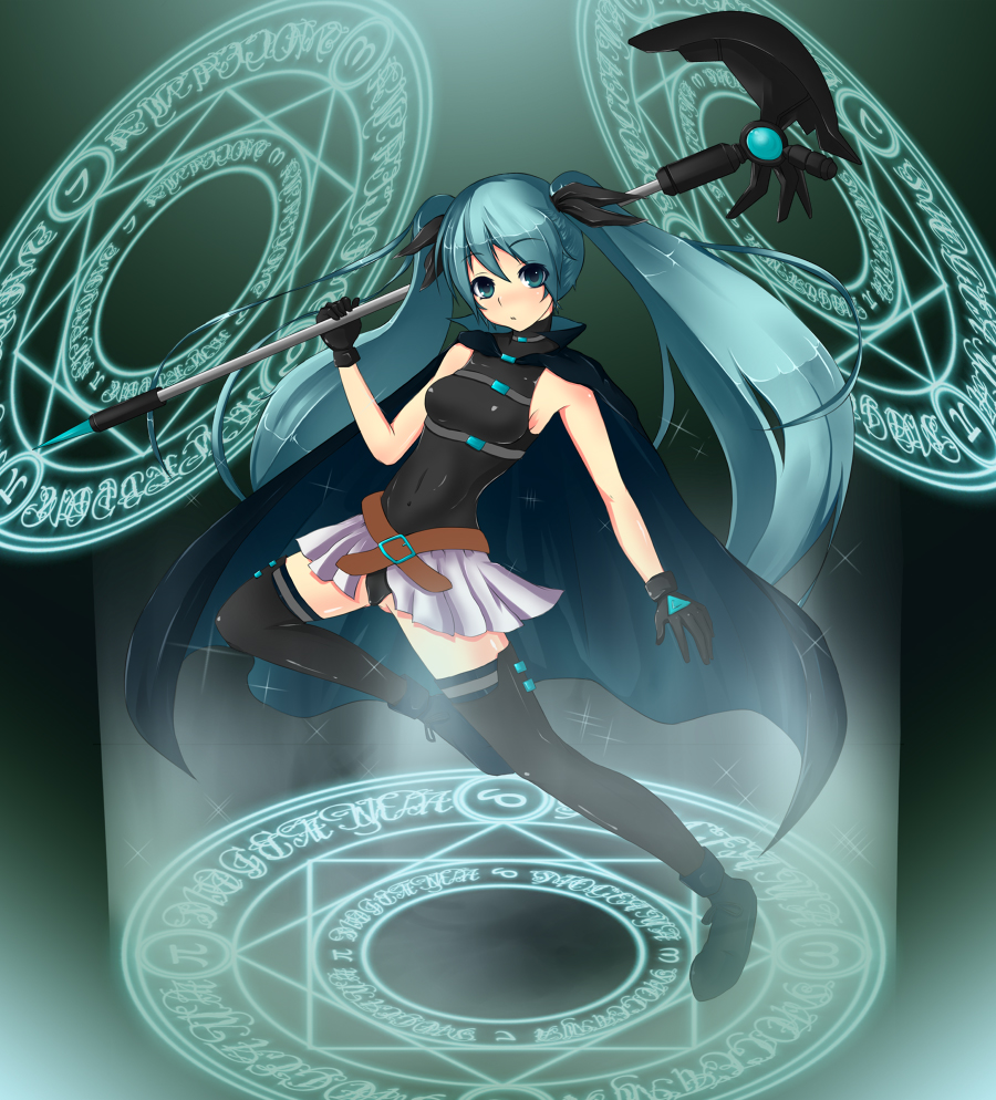 celli, bardiche (axe form) (nanoha), bardiche (nanoha), fate testarossa, fate testarossa (movie 1st form), hatsune miku, lyrical nanoha, mahou shoujo lyrical nanoha, mahou shoujo lyrical nanoha the movie 1st, vocaloid, bad id, bad pixiv id, 1girl, aqua eyes, aqua hair, cosplay, fate testarossa (cosplay), female focus, gloves, legs, long hair, magic circle, skirt, solo, staff, thighhighs, twintails, very long hair