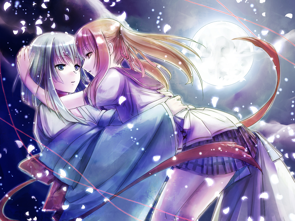 seitsuji, hatou kei, yumei, akai ito, akaiito, bad id, bad pixiv id, 2girls, blue eyes, blue hair, brown eyes, brown hair, couple, eye contact, hair ribbon, hug, japanese clothes, looking at another, moon, multiple girls, petals, plaid clothes, plaid skirt, ribbon, school uniform, serafuku, skirt, twintails, yuri