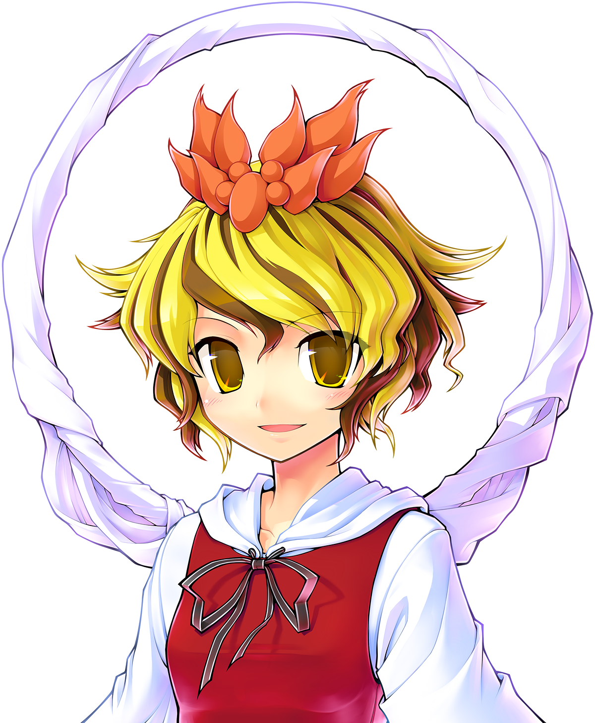 ebizome, toramaru shou, touhou, highres, 1girl, blonde hair, female focus, hair ornament, multicolored hair, shawl, short hair, simple background, solo, white background, yellow eyes