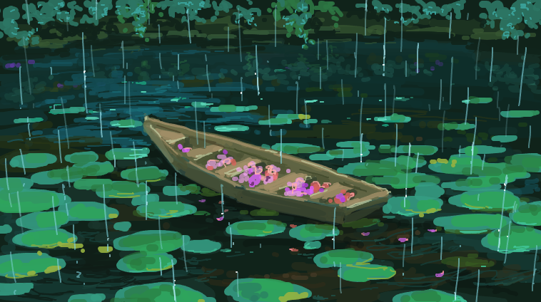 karasu (hageabura-jr), original, boat, falling petals, lily pad, no humans, petals, pink petals, plant, pond, rain, tree, water, watercraft, wooden boat
