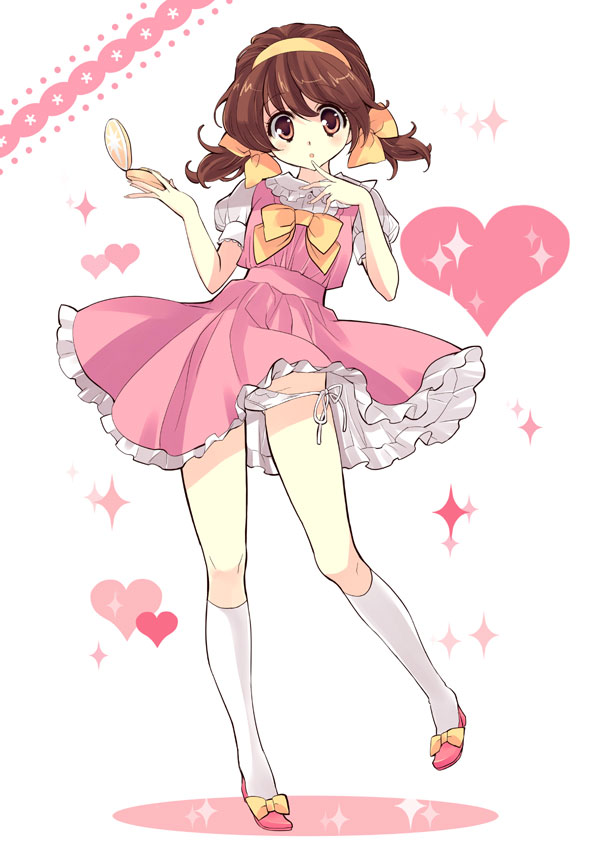 yukiwo, kagami atsuko, himitsu no akko-chan, toei company, bad id, bad pixiv id, 1girl, :o, blue theme, blush, bow, brown eyes, brown hair, clothes lift, compact (cosmetics), cosmetics, dress, dress lift, embarrassed, female focus, finger to mouth, fingernails, flat chest, frills, full body, groin, hair bow, hairband, heart, high heels, holding, holding compact, kneehighs, leg lift, legs, long fingernails, looking at viewer, lowleg, lowleg panties, panties, pantyshot, pink eyes, pointing, shoes, short dress, short hair, short twintails, side-tie panties, socks, solo, sparkle, standing, standing on one leg, surprised, twintails, underwear, white panties, white socks, wind, wind lift