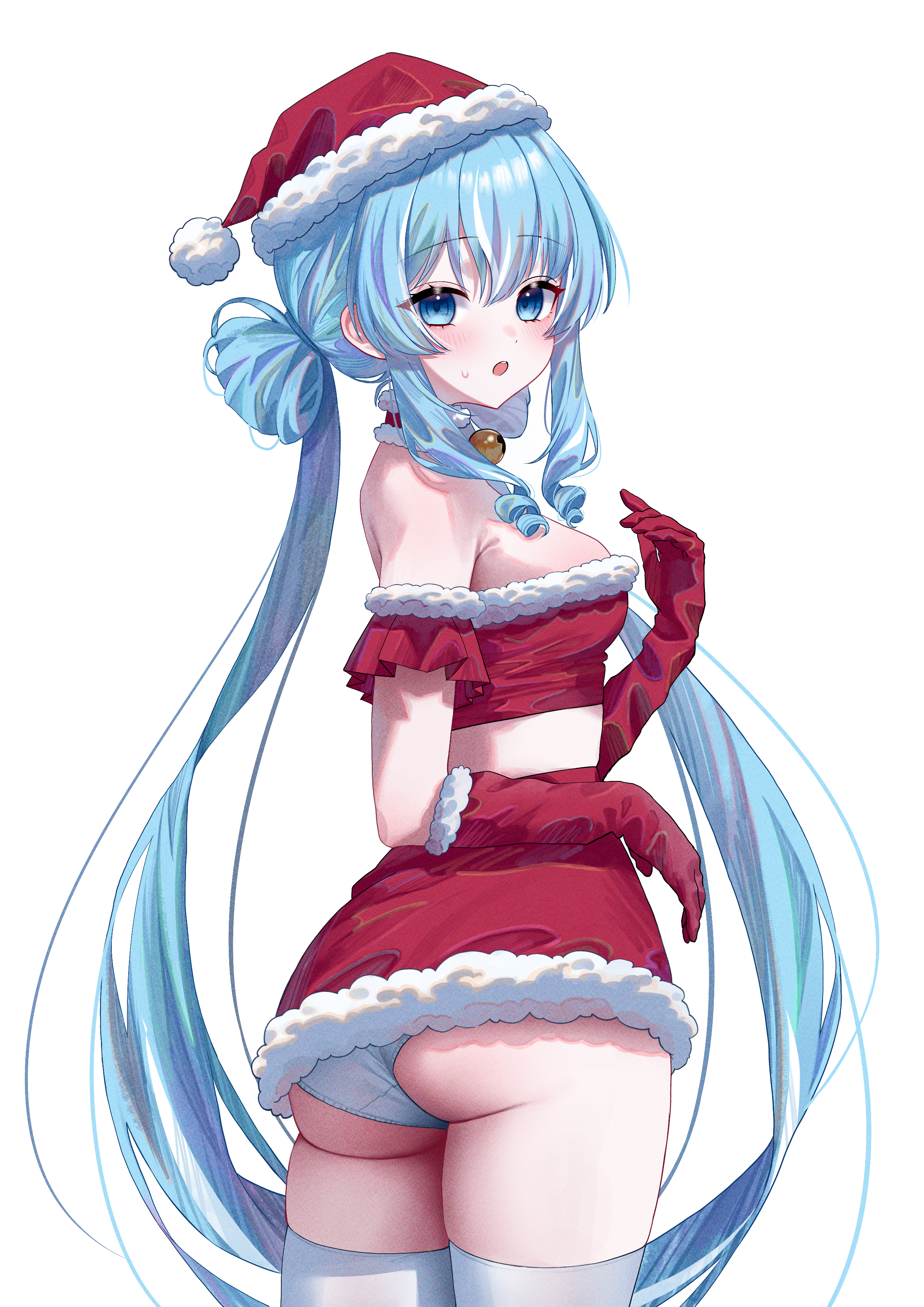 arahashi tabi, stellive, absurdres, commentary request, highres, korean commentary, 1girl, ass, blue eyes, blue hair, breasts, choigoli, elbow gloves, from behind, gloves, hand up, hat, looking at viewer, open mouth, panties, red gloves, red hat, red skirt, santa hat, simple background, skirt, solo, standing, sweat, thighhighs, underwear, virtual youtuber, white background, white panties, white thighhighs