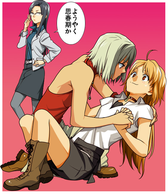 mori (unknown.), canaan (character), natsume (428), natsume (canaan), natsume yuri, oosawa maria, 428, 428: fuusa sareta shibuya de, canaan (series), chunsoft, translated, 3girls, ahoge, androgynous, bare shoulders, blonde hair, boots, brown eyes, choker, flat chest, glasses, jewelry, long hair, multiple girls, natsume (cannan), pantyhose, ponytail, reverse trap, short hair, sleeveless, sleeveless turtleneck, turtleneck, white hair, yuri