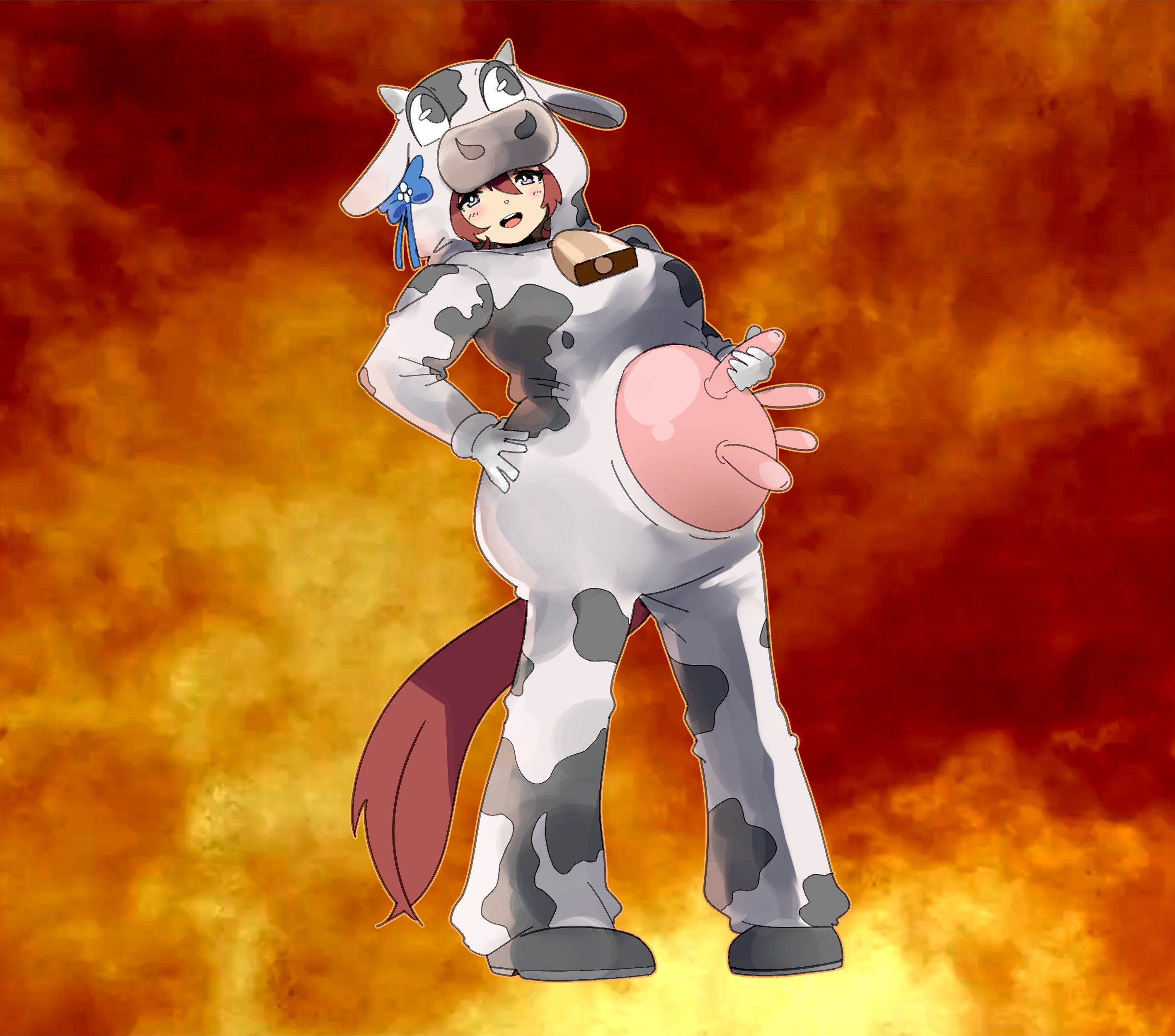 archives.gokulism, super creek (umamusume), god of war, umamusume, absurdres, highres, 1girl, animal costume, animal print, bell, blue bow, blue eyes, blush, bow, breasts, brown hair, cow costume, cow horns, cow print, cowbell, fake horns, fake udder, formal clothes, hair between eyes, hair bow, horns, horse tail, large breasts, neck bell, open mouth, self milking, smile, suit, tail, white suit