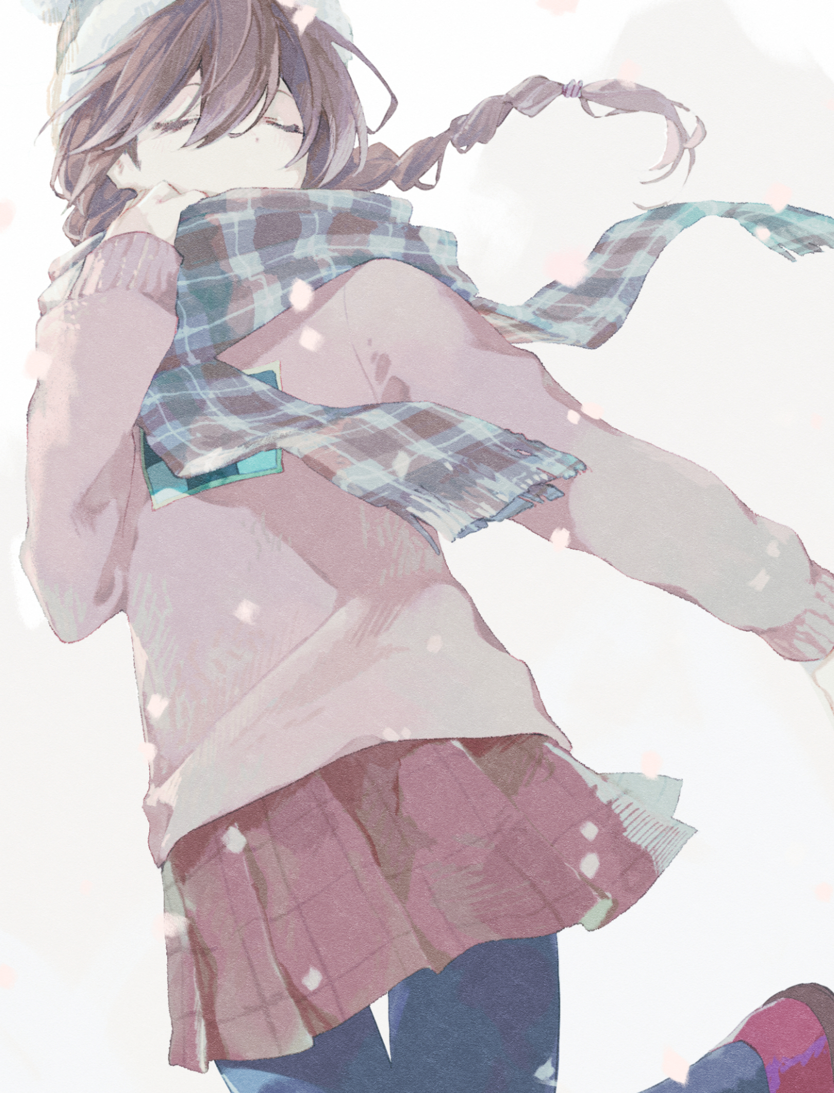 fuyuki eru, madotsuki, yume nikki, commentary, highres, symbol-only commentary, 1girl, black pantyhose, blue scarf, braid, brown hair, closed eyes, hat, long hair, long sleeves, pantyhose, pink sweater, plaid clothes, plaid scarf, pleated skirt, red shoes, red skirt, scarf, shoes, simple background, skirt, snowing, solo, sweater, twin braids