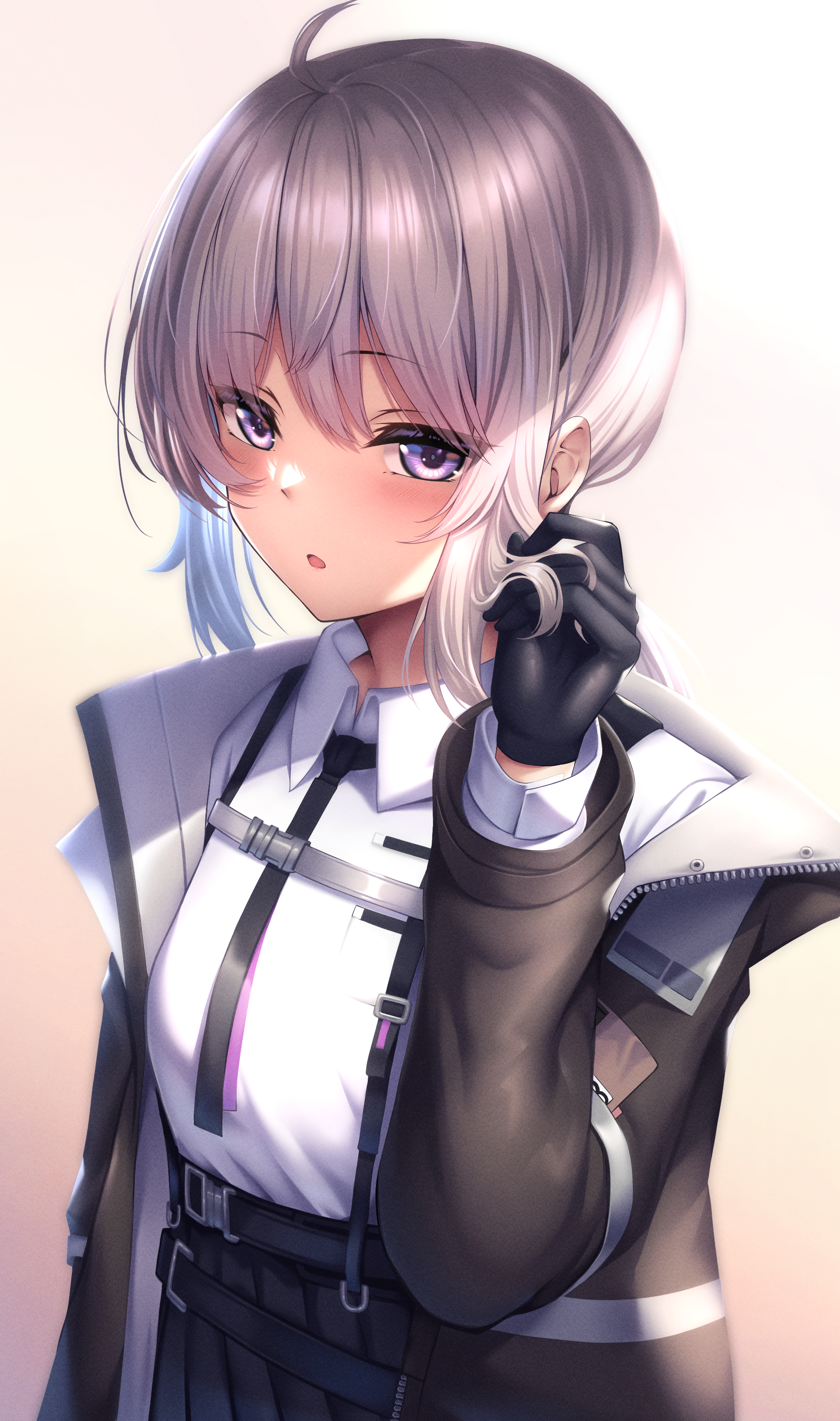 xlscaler, m200 (girls' frontline), girls' frontline, girls' frontline 2: exilium, absurdres, commentary request, highres, 1girl, :o, arm behind back, black gloves, black jacket, black necktie, black skirt, blush, breasts, cheyanne (girls' frontline 2), gloves, hair between eyes, hand up, jacket, looking at viewer, medium hair, necktie, open clothes, open jacket, pleated skirt, purple eyes, shirt, skirt, small breasts, solo, upper body, white hair, white shirt