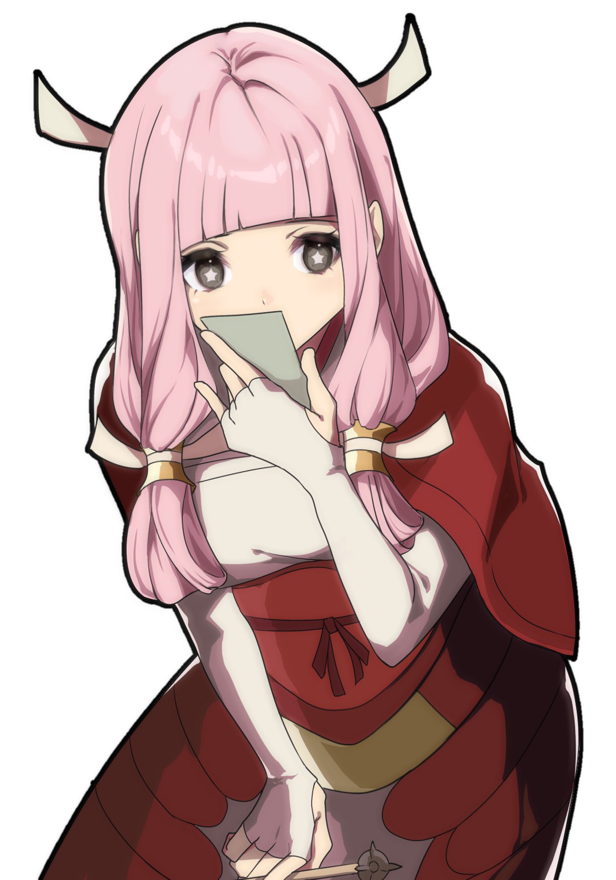 mitama (fire emblem), fire emblem, fire emblem fates, nintendo, commentary request, highres, 1girl, blunt bangs, blunt tresses, breasts, hair tubes, hime cut, japanese clothes, long hair, looking at viewer, pink hair, saki ttx, small breasts, solo, star-shaped pupils, star (symbol), symbol-shaped pupils