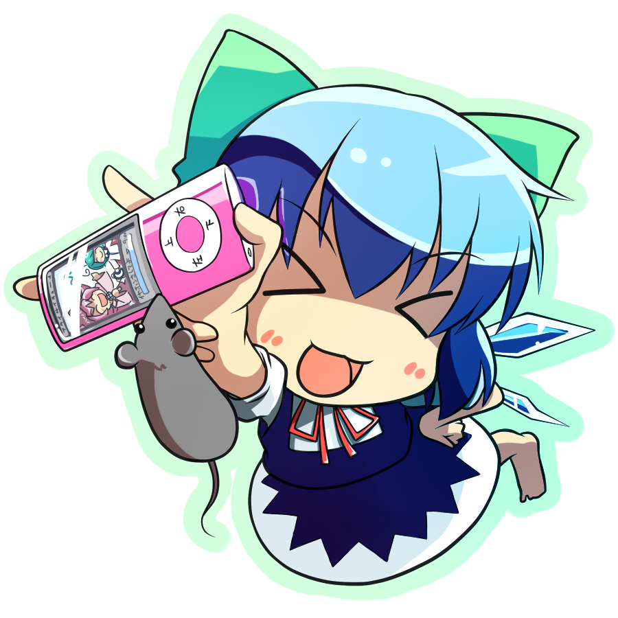 ugif, cirno, mystia lorelei, wriggle nightbug, touhou, > <, 3girls, antennae, barefoot, blue hair, blush stickers, bow, closed eyes, dress, from above, green hair, hair bow, ice, ipod, ipod nano, ipod nano 5g, microphone, mouse (animal), mp3 player, multiple girls, open mouth, pink hair, short hair, wings