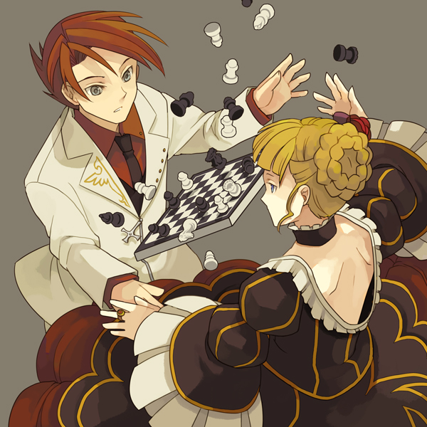 kokuzu, beatrice (umineko), ushiromiya battler, umineko no naku koro ni, 00s, 1boy, 1girl, back, backless outfit, bare back, bishop (chess), black dress, black necktie, blue eyes, blunt bangs, board game, braid, chess, chess piece, collared shirt, cross, dress, dress shirt, falling, frills, grey background, inverted cross, jacket, jewelry, knight (chess), long hair, long sleeves, looking at another, necktie, outstretched arms, pawn (chess), puffy long sleeves, puffy sleeves, red hair, red shirt, ring, rook (chess), shirt, simple background, surprised, swept bangs, white jacket, wide sleeves, wing print
