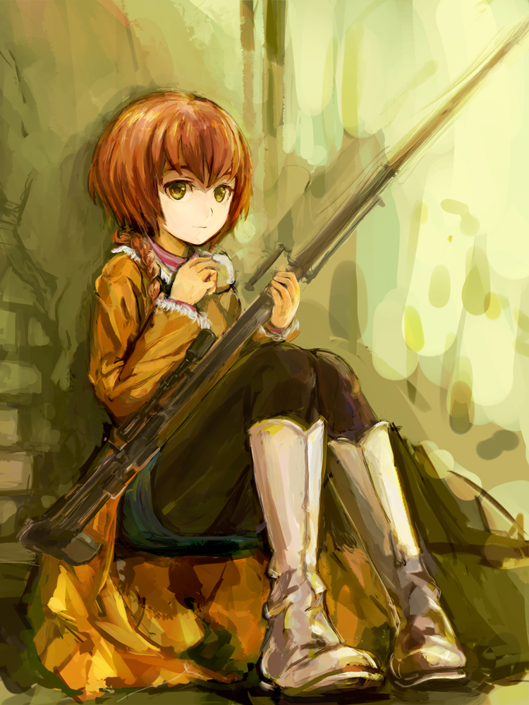 conjaku, suou pavlichenko, darker than black, 00s, 1girl, against wall, anti-materiel rifle, black pantyhose, bolt action, boots, braid, female focus, green eyes, gun, looking at viewer, pantyhose, ptrd-41, red hair, rifle, single braid, sitting, skirt, sniper rifle, solo, weapon, white boots, yellow eyes