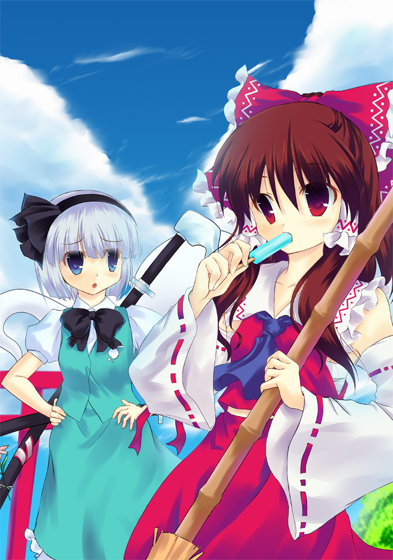 hitsujibane shinobu, ninnin, hakurei reimu, konpaku youmu, konpaku youmu (ghost), touhou, silver hair, bad id, bad pixiv id, 2girls, blue eyes, bow, broom, brown hair, detached sleeves, female focus, food, ghost, hairband, hitodama, japanese clothes, katana, miko, multiple girls, popsicle, red eyes, short hair, sword, weapon