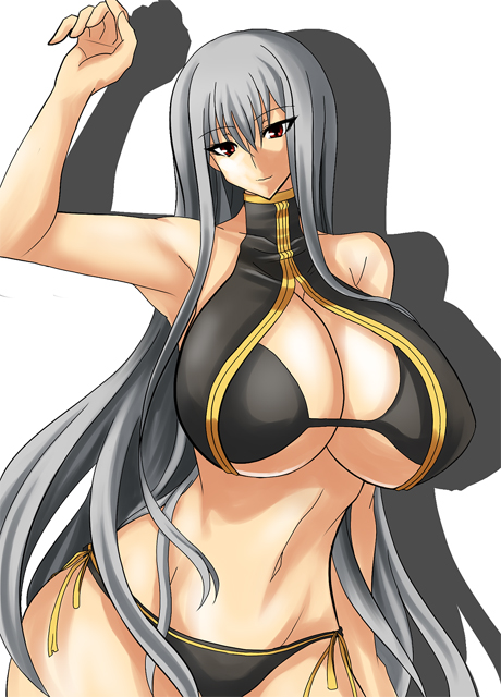 umino mokuzu (a4 size), selvaria bles, senjou no valkyria, senjou no valkyria (series), senjou no valkyria 1, 00s, 1girl, bikini, breasts, cleavage, cleavage cutout, clothing cutout, female focus, grey hair, huge breasts, long hair, red eyes, solo, swimsuit