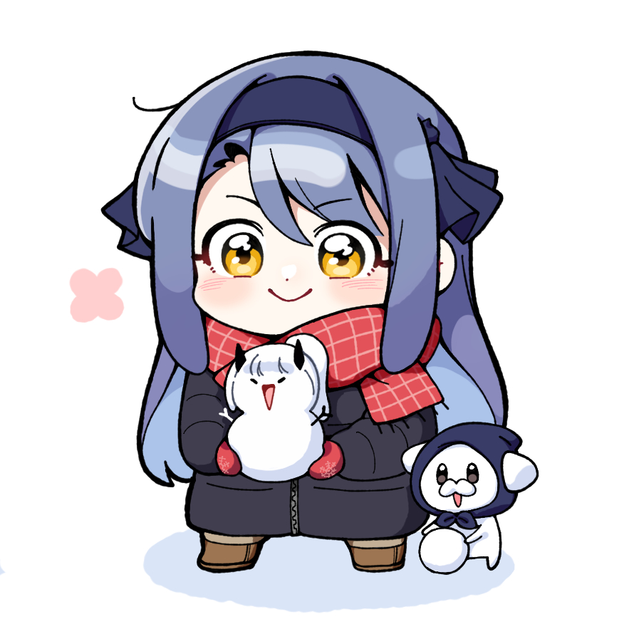 gangzi (vtuber), stellive, character request, commentary, symbol-only commentary, 1girl, asymmetrical bangs, black coat, chibi, chibi only, closed mouth, coat, ekfrleks1, hair ribbon, hairband, holding snowman, long hair, long sleeves, mittens, purple hair, purple hairband, purple ribbon, red scarf, ribbon, scarf, simple background, smile, solo, standing, virtual youtuber, white background, winter clothes, winter coat, yellow eyes