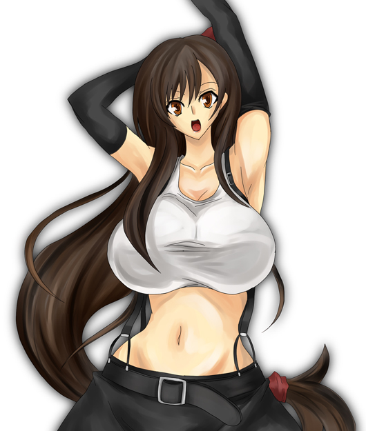 amano mokuzu, mokuzu120, tifa lockhart, final fantasy, final fantasy vii, square enix, 1990s (style), 1girl, armpits, belt, breasts, brown eyes, brown hair, elbow gloves, female focus, gloves, huge breasts, long hair, navel, open mouth, retro artstyle, skirt, solo, suspenders