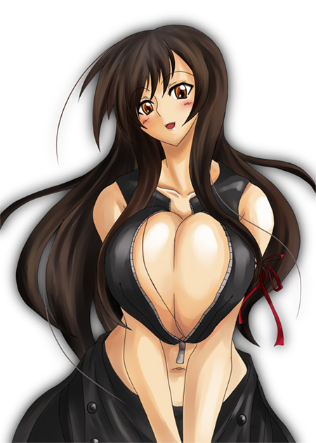amano mokuzu, mokuzu120, tifa lockhart, final fantasy, final fantasy vii, final fantasy vii: advent children, 00s, 1990s (style), 1girl, blush, breasts, brown eyes, brown hair, cleavage, female focus, huge breasts, long hair, red ribbon, retro artstyle, ribbon, solo, zipper