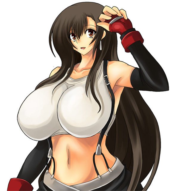 umino mokuzu (a4 size), tifa lockhart, final fantasy, final fantasy vii, 1990s (style), 1girl, breasts, brown eyes, brown hair, elbow gloves, female focus, fingerless gloves, gloves, huge breasts, long hair, navel, retro artstyle, skirt, solo, suspenders