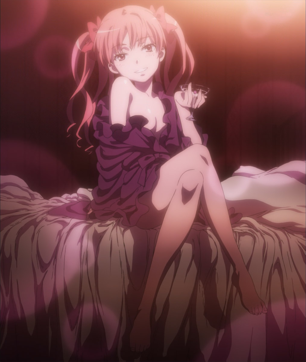 shirai kuroko, toaru kagaku no railgun, toaru majutsu no index, anime screenshot, highres, non-web source, stitched, third-party edit, 00s, 1girl, bare shoulders, barefoot, bed, brown eyes, brown hair, cherry, crossed legs, cupping glass, feet, female focus, food, fruit, glass, head tilt, legs, long hair, long legs, off shoulder, sitting, smile, solo, twintails