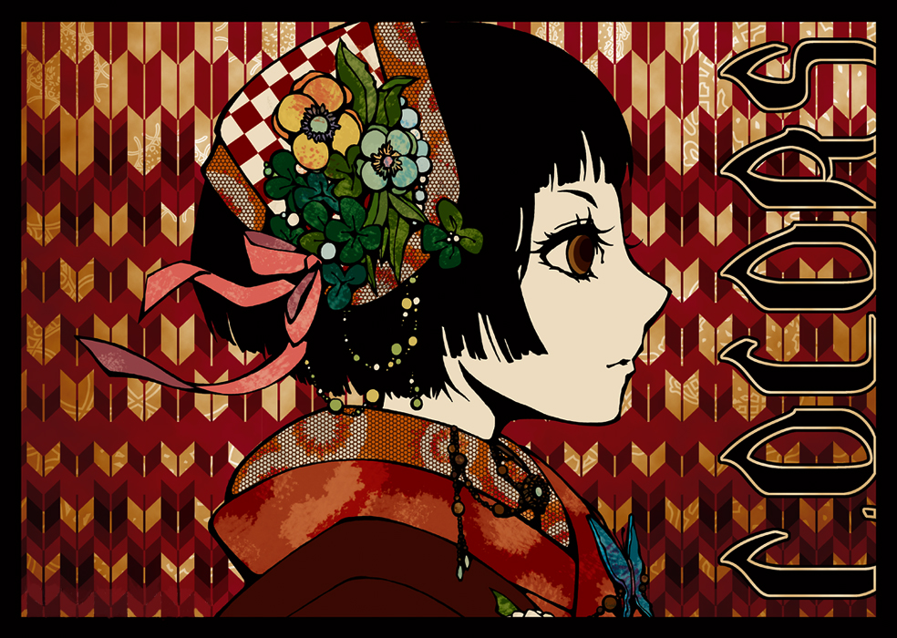 imatomo mahya, original, bad id, bad pixiv id, 1girl, black hair, brown eyes, female focus, flower, japanese clothes, kimono, profile, short hair, solo, yagasuri