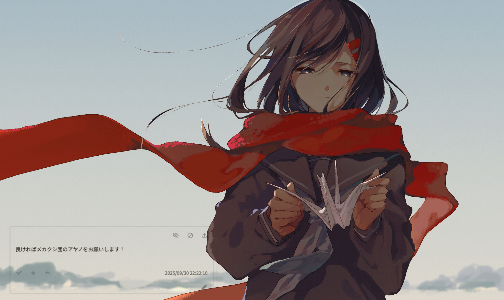 fuyuki eru, tateyama ayano, kagerou project, commentary request, highres, translation request, 1girl, black hair, black sailor collar, black serafuku, blue sky, closed mouth, cloud, hair between eyes, hair ornament, hairclip, holding, long sleeves, neckerchief, origami, outdoors, paper crane, red scarf, sailor collar, scarf, school uniform, serafuku, sky, solo, upper body, white neckerchief