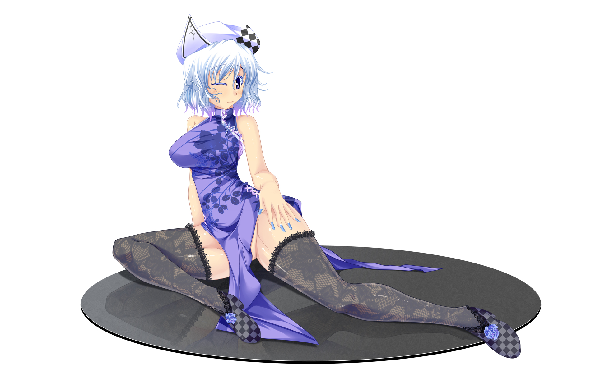 kirise mitsuru, letty whiterock, touhou, bad id, bad pixiv id, highres, 1girl, black thighhighs, blue eyes, blue hair, blue nails, breasts, china dress, chinese clothes, dress, female focus, fingernails, flower, gradient hair, hat, large breasts, long fingernails, matching hair/eyes, multicolored hair, nail polish, one eye closed, simple background, solo, thighhighs, wink