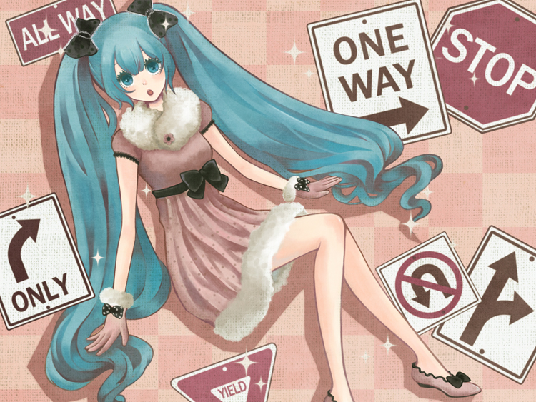 shindog, hatsune miku, vocaloid, bad id, bad pixiv id, 1girl, aqua eyes, aqua hair, dress, english text, female focus, gloves, hair ribbon, legs, long hair, ribbon, road sign, shoes, short dress, sign, solo, stop sign, twintails, very long hair