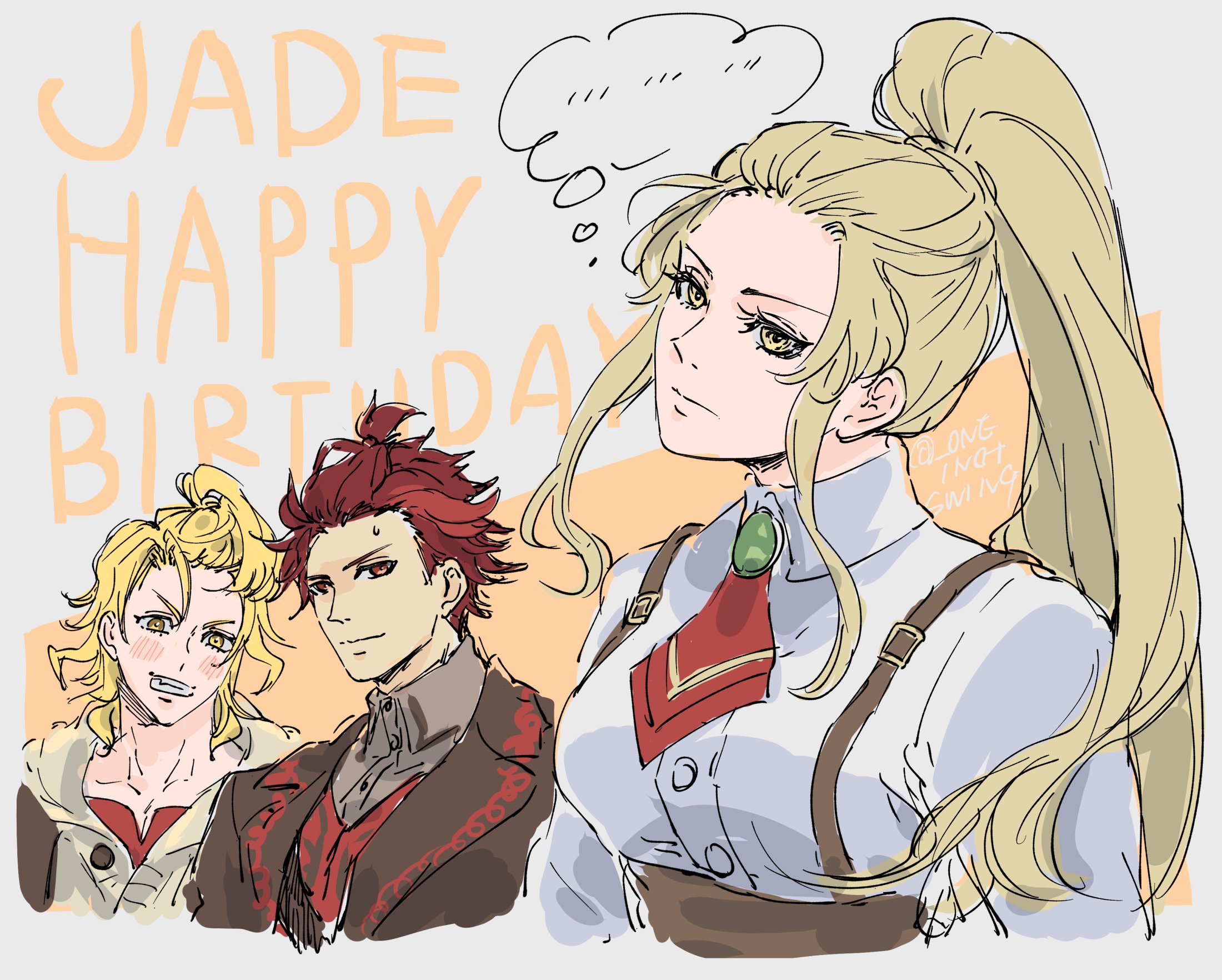 umi (oneinchswing), amber (fire emblem), diamant (fire emblem), jade (fire emblem), fire emblem, fire emblem engage, nintendo, highres, …, 1girl, 2boys, ascot, blonde hair, breasts, character name, happy birthday, high ponytail, long hair, looking at viewer, medium breasts, multiple boys, ponytail, red ascot, red eyes, red hair, sidelocks, suspenders, yellow eyes