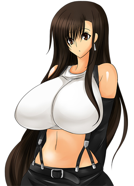 umino mokuzu (a4 size), tifa lockhart, final fantasy, final fantasy vii, 1990s (style), 1girl, belt, breasts, brown eyes, brown hair, earrings, elbow gloves, female focus, gloves, huge breasts, jewelry, long hair, navel, retro artstyle, solo, suspenders