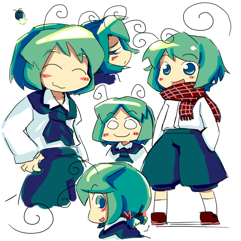 ugif, wriggle nightbug, touhou, 1girl, antennae, female focus, green eyes, green hair, matching hair/eyes, reference sheet, scarf, short hair, solo, white background