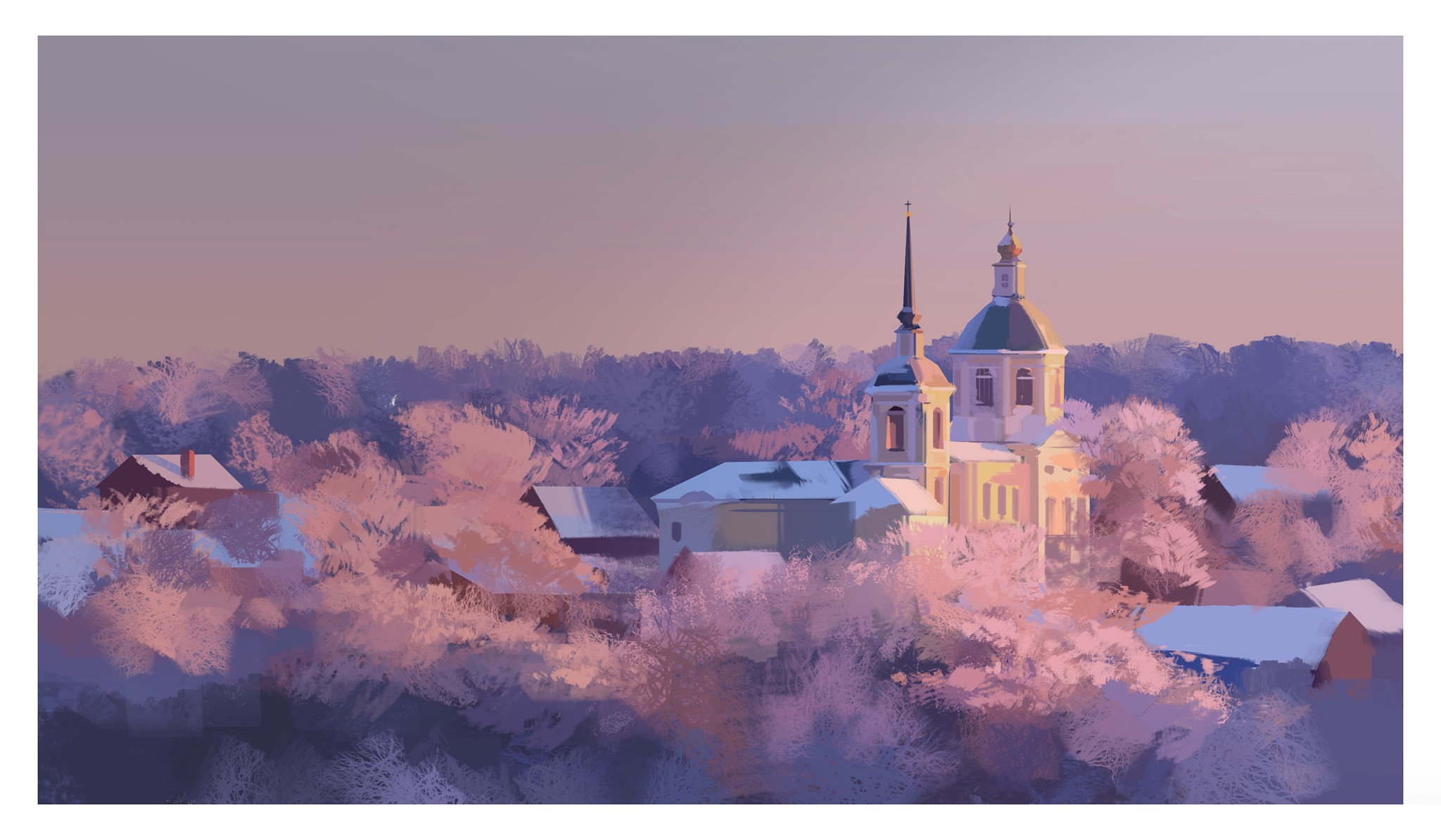 original, commentary, english commentary, highres, border, building, church, dome, evening, gjb870216, landscape, no humans, outdoors, scenery, sky, snow, spire, white border, winter